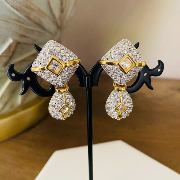 Swarovski Crystal Encrusted Gold Tone Dangle Statement Earrings - Picture 3 of 8